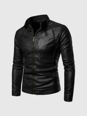 Buy Black High Collar Leather Jacket for Men