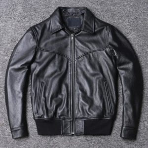 Buy Lapel Baseball Genuine Cowhide Leather Jacket in Black