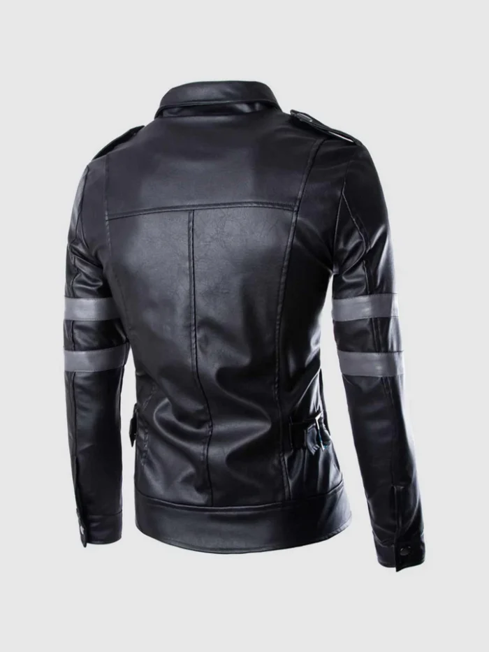 Black Leather Jacket with Gray Stripes for Men