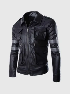 Black Leather Jacket with Gray Stripes for Men