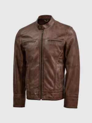 Lightweight Men Leather Waxed Jacket in Brown