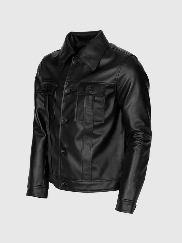 Black Leather Jacket with Folded Collar for Men