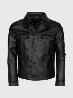 Buy Men Black Leather Jacket with Folded Collar