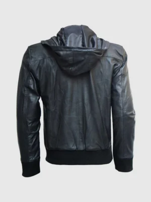 Mens Black Leather Hooded Bomber Jacket