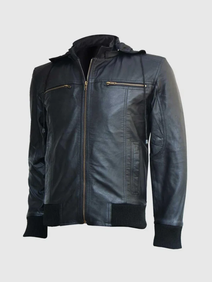 Buy Mens Black Leather Hooded Bomber Jacket