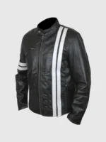 Classic Black Leather Jacket with White Stripes for Men