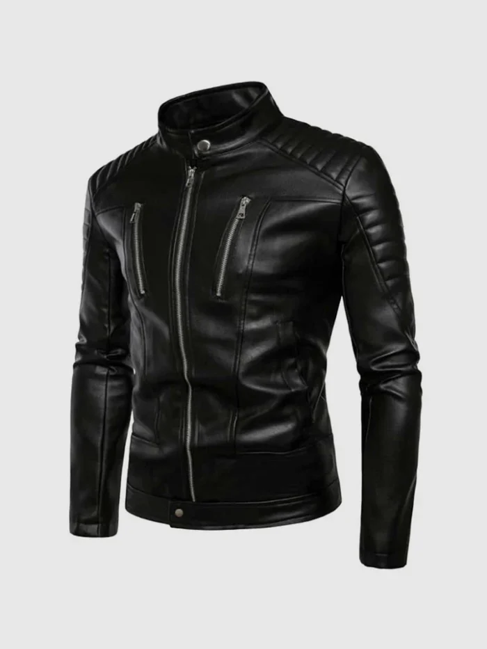 Black Stand Up Collar Leather Jacket