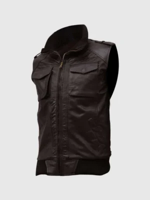 Men Brown Bomber Leather Vest on Sale