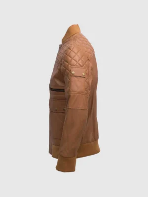 Tan Brown Bomber Leather Quilted Jacket for Men - Abbronzatura