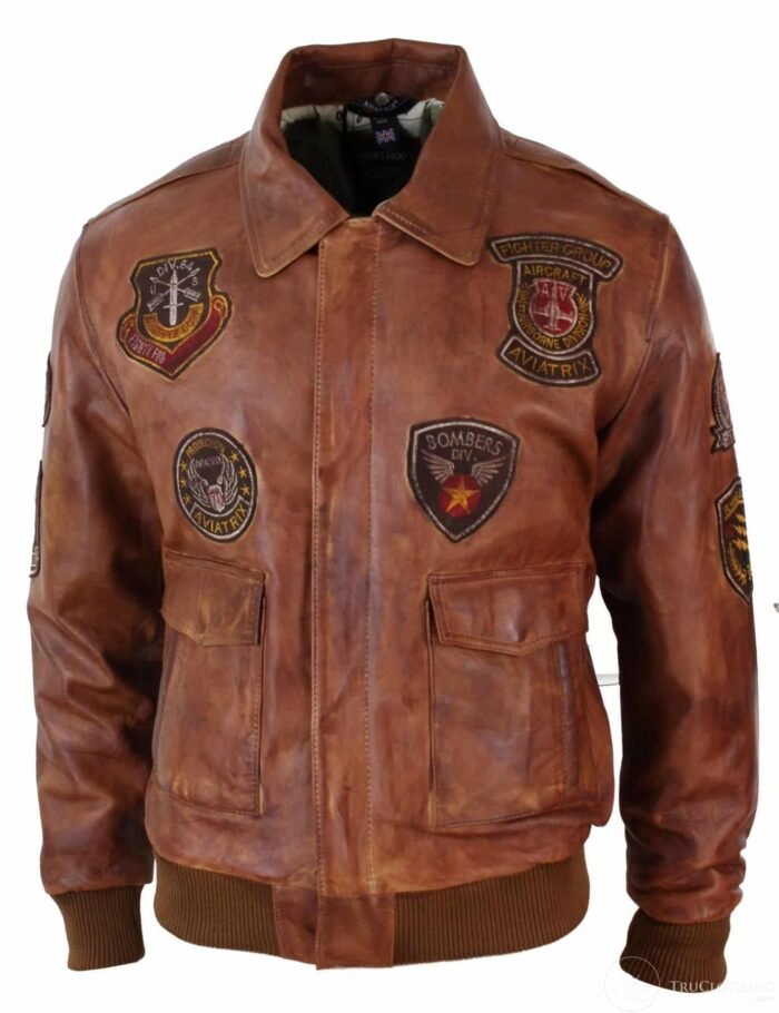 Aviator Bomber Leather Jacket Tan Brown for Men