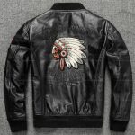 Red Indian Embroidery Baseball Leather Jacket Black Color