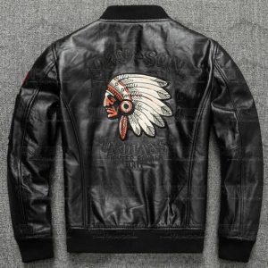 Red Indian Embroidery Baseball Leather Jacket Black Color