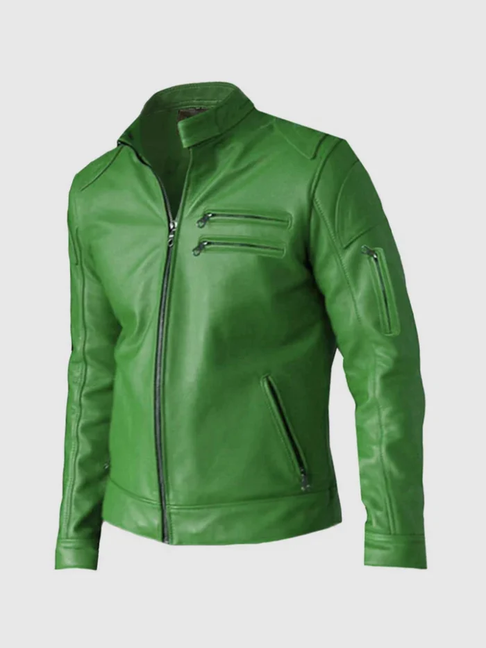 Regular Fit Party Wear Men Green Leather Jacket