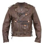 Brown Distressed Leather Motorcycle Armoured Jacket with Skull front