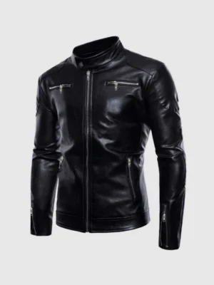 Stand Collar Black Leather Jacket for Men