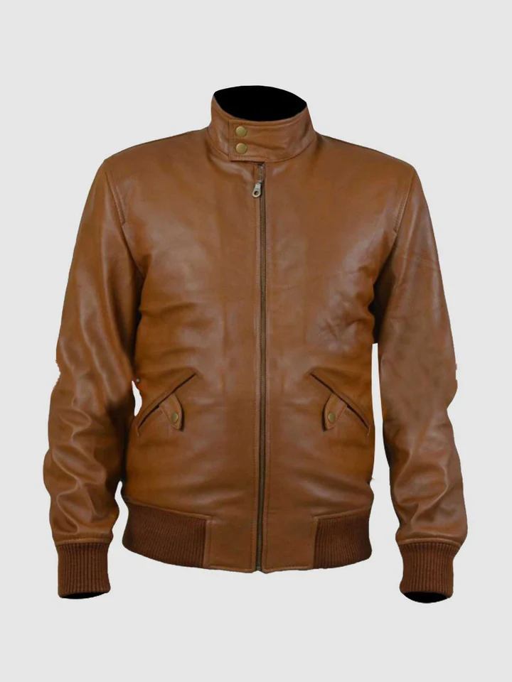 Tan Leather Bomber Jacket for Men