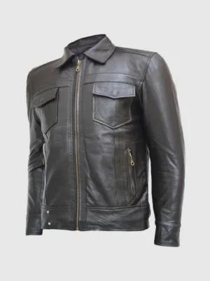 Classic Zipper Brown Leather Jacket for Men