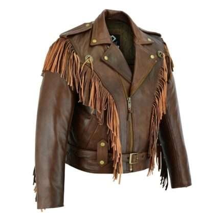 Vintage Brown Fringe Leather Jacket - Tassle Concho Premium