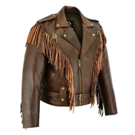 Vintage Brown Fringe Leather Jacket - Tassle Concho Premium