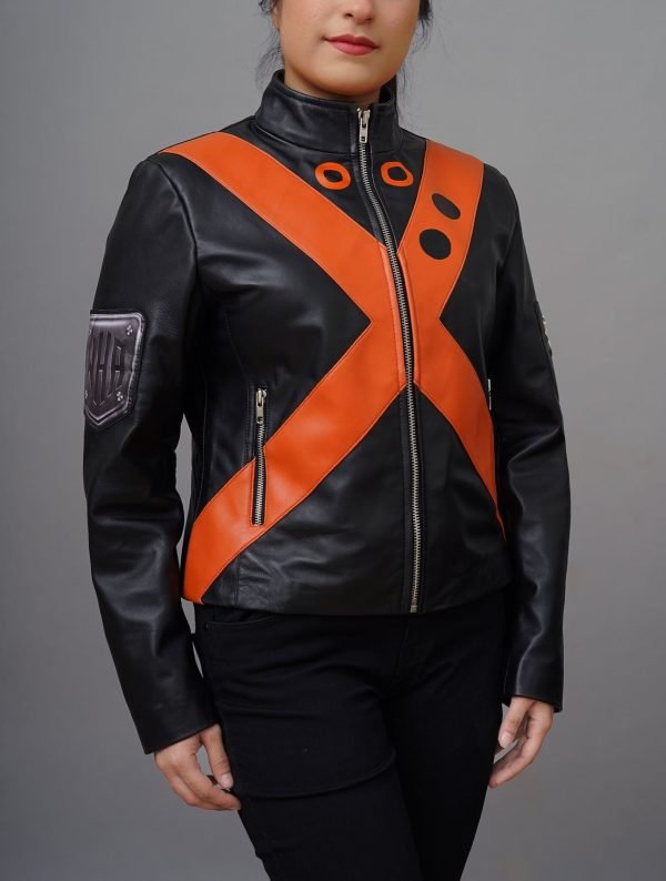Buy Women Inspired Black Leather Cosplay Costume Jacket with Orange Stripes - The Jacket Place