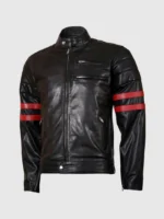 Men Leather Biker Jacket with Red Stripes