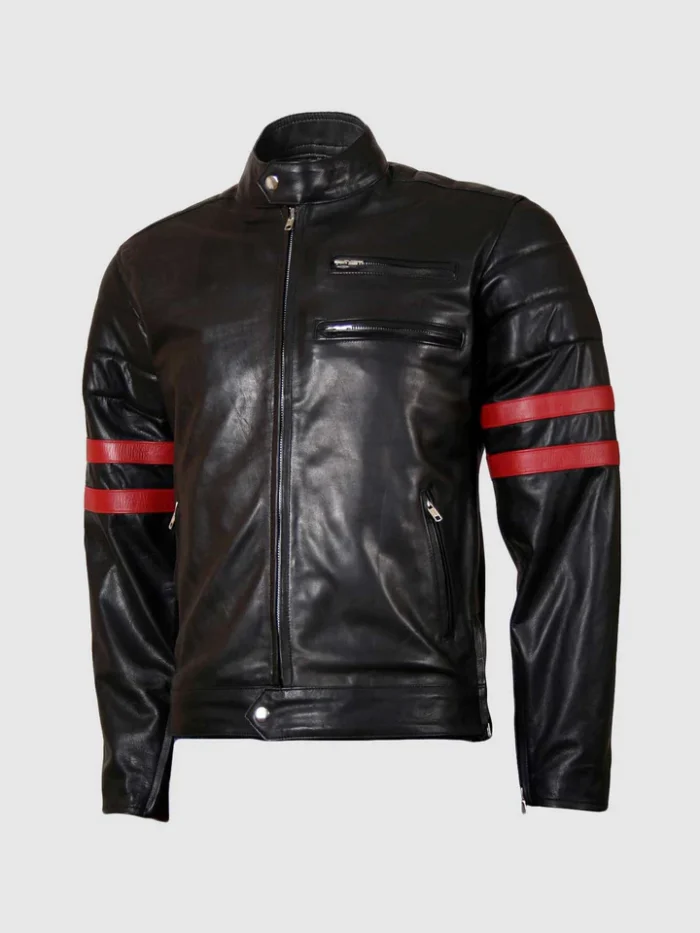 Men Leather Biker Jacket with Red Stripes