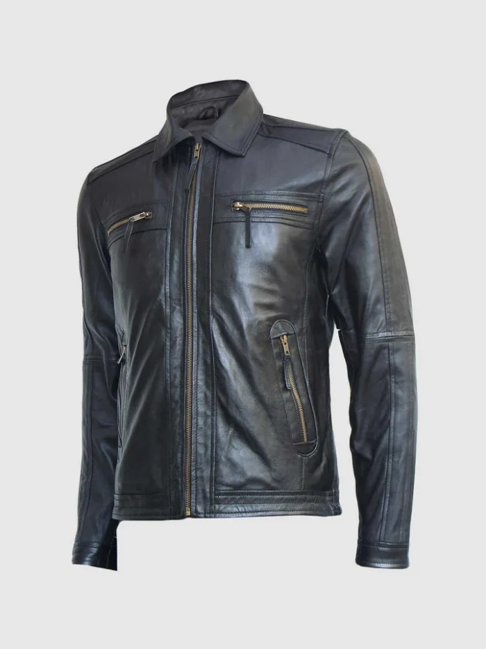 Black Leather Zipper Jacket for Men